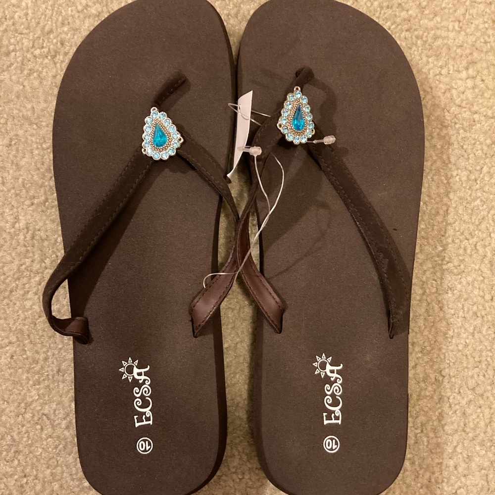 Black ECSA Blue Jeweled Flip Flops